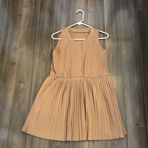 Pleated Beige Dress with Rhinestone Buttons